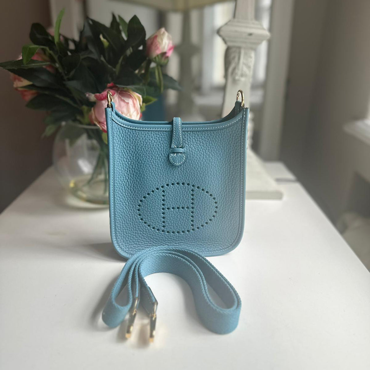 Hermès Evelyne 16cm Blue Jean Clemence GHW