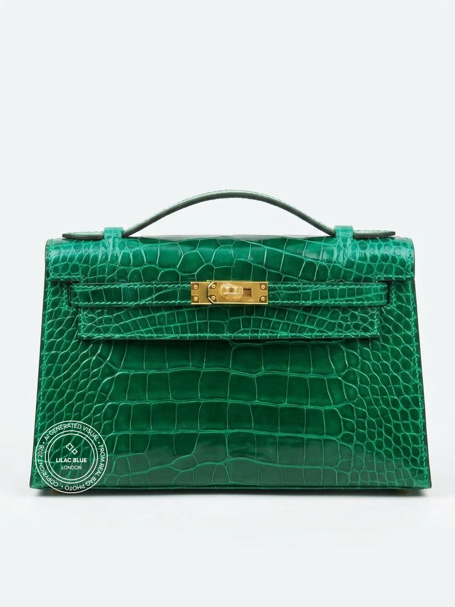 Hermès Kelly Pochette Vert Emeraude Shiny Croc with Gold