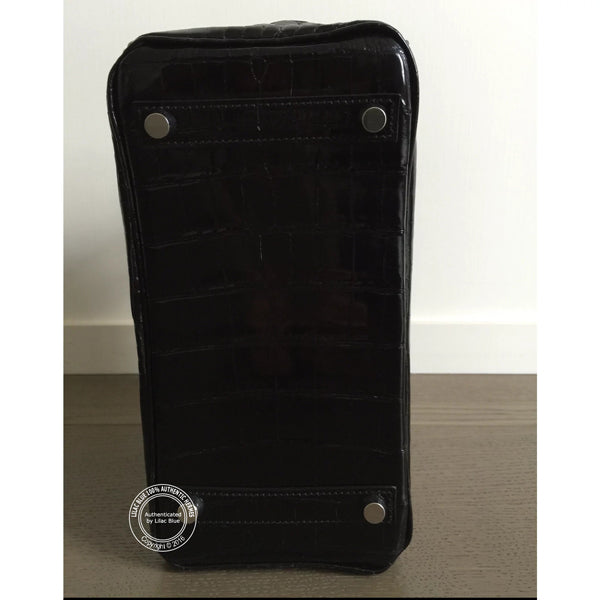 25cm Black Birkin. Shiny Croc, Palladium - Preloved