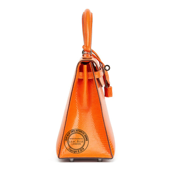 Hermès Kelly 25cm Tangerine Lizard Ruthenium - Preloved