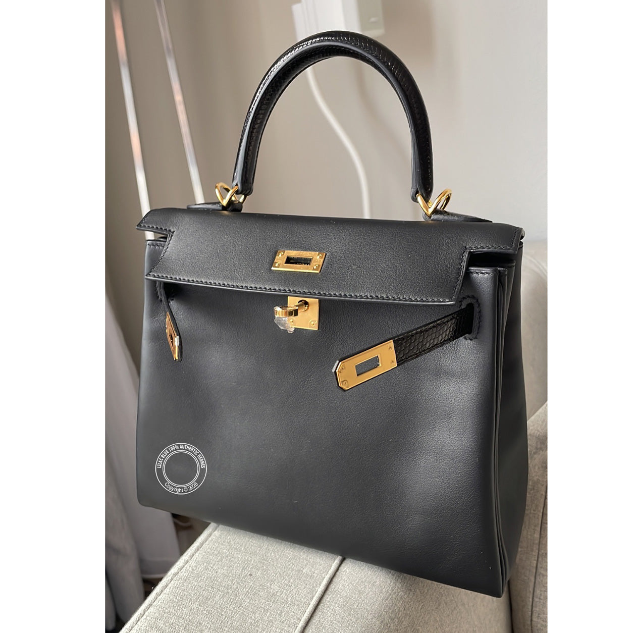 Hermès Kelly 25cm Black Touch Swift/Lizard GHW