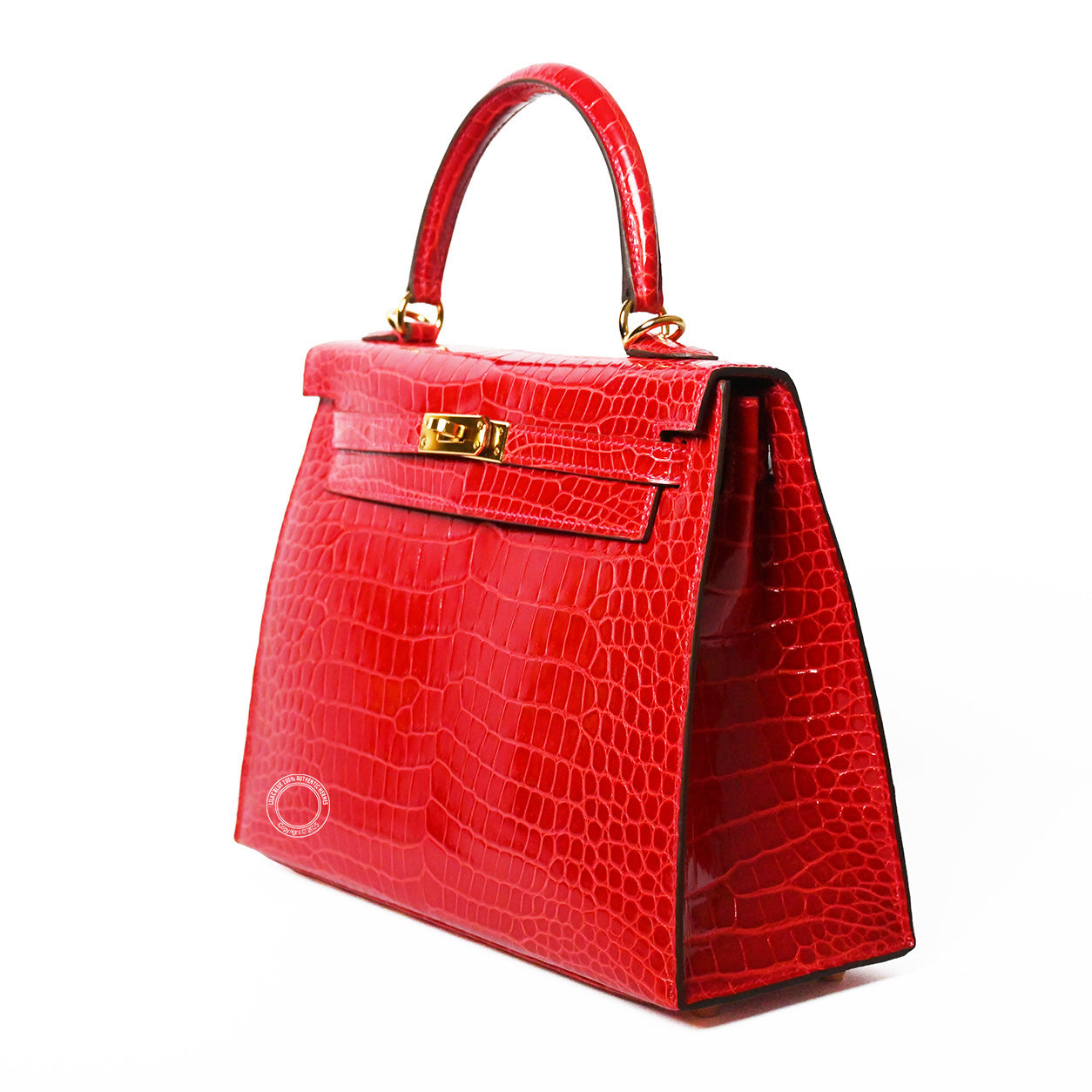 Hermès Kelly 25cm Rouge Braise Shiny Croc GHW