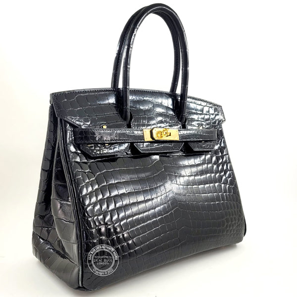 Hermès Birkin 30cm Black Shiny Croc GHW - Preloved