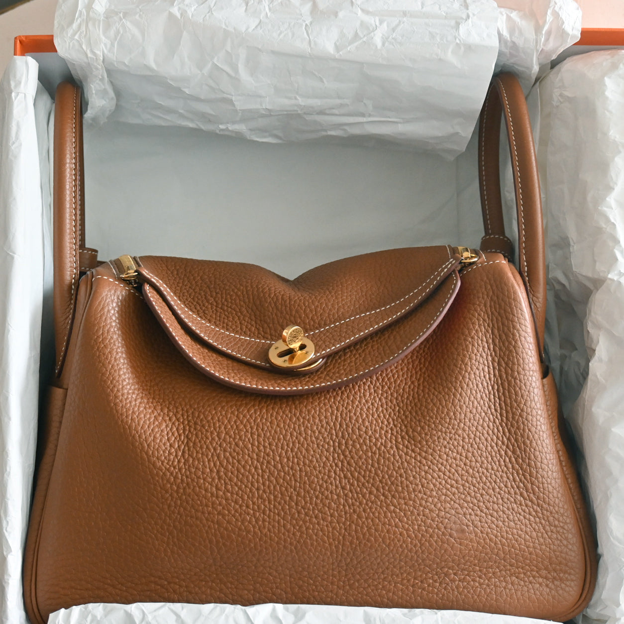 Hermès Lindy 30cm Gold/Rouge Tomate Verso Clemence GHW