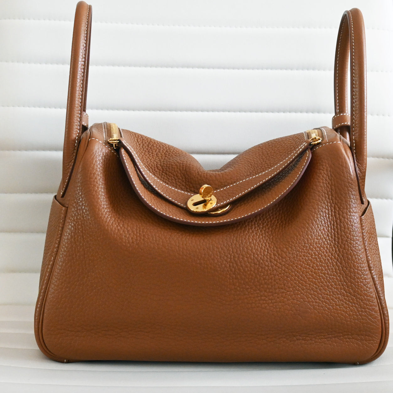 Hermès Lindy 30cm Gold/Rouge Tomate Verso Clemence GHW