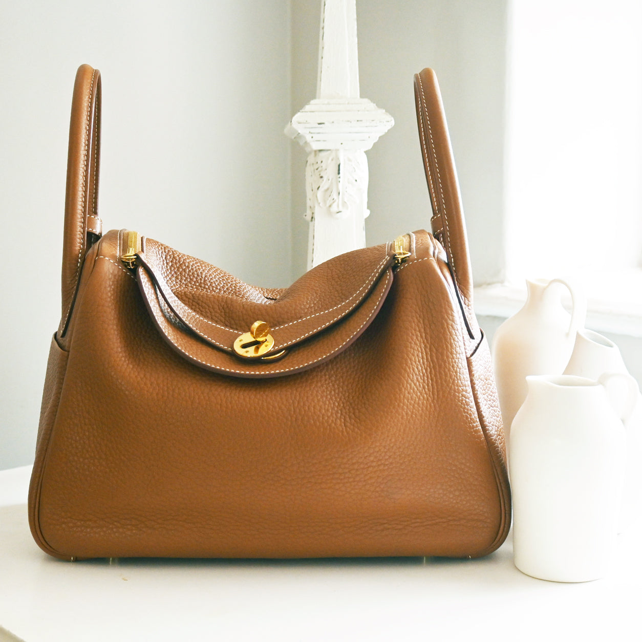 Hermès Lindy 30cm Gold/Rouge Tomate Verso Clemence GHW