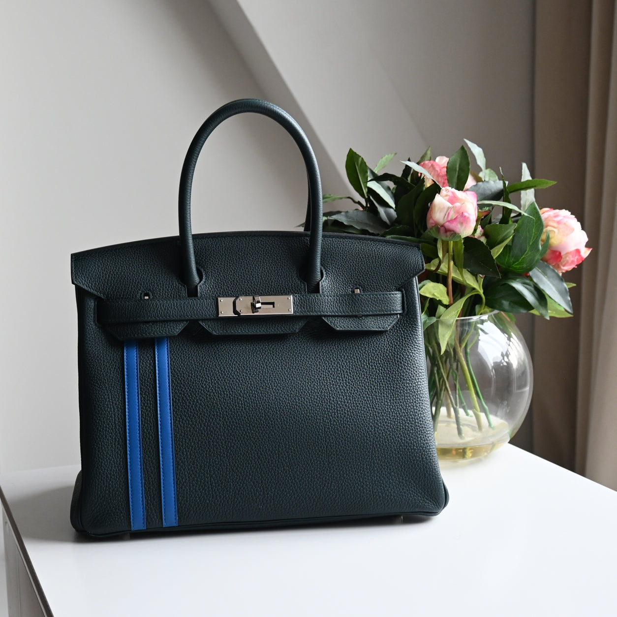 Hermès Birkin 30cm Vert Cypress/Bleu Zellige Officier Togo/Swift PHW - Preloved
