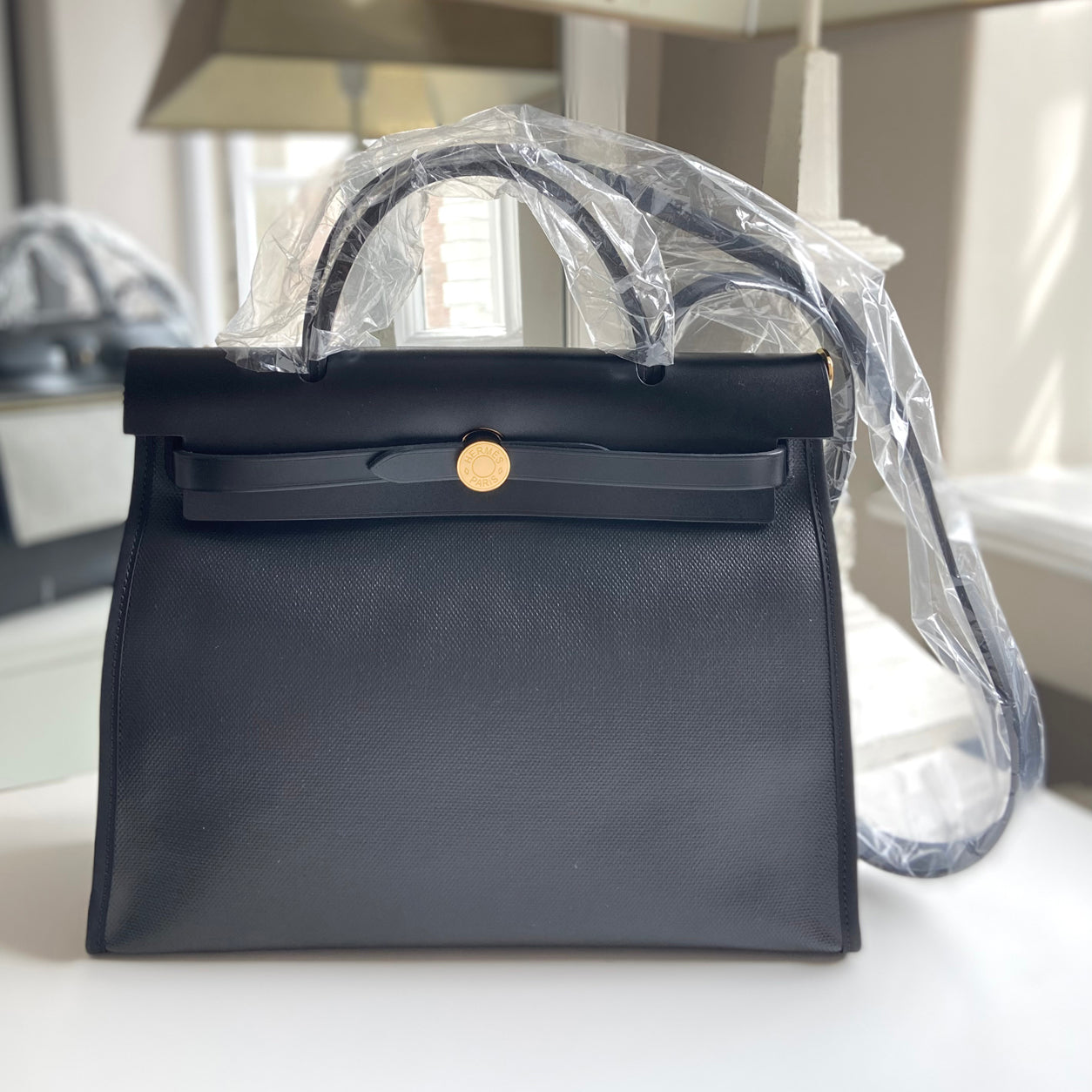 Hermes Herbag 31cm Black Coated Canvas & Leather