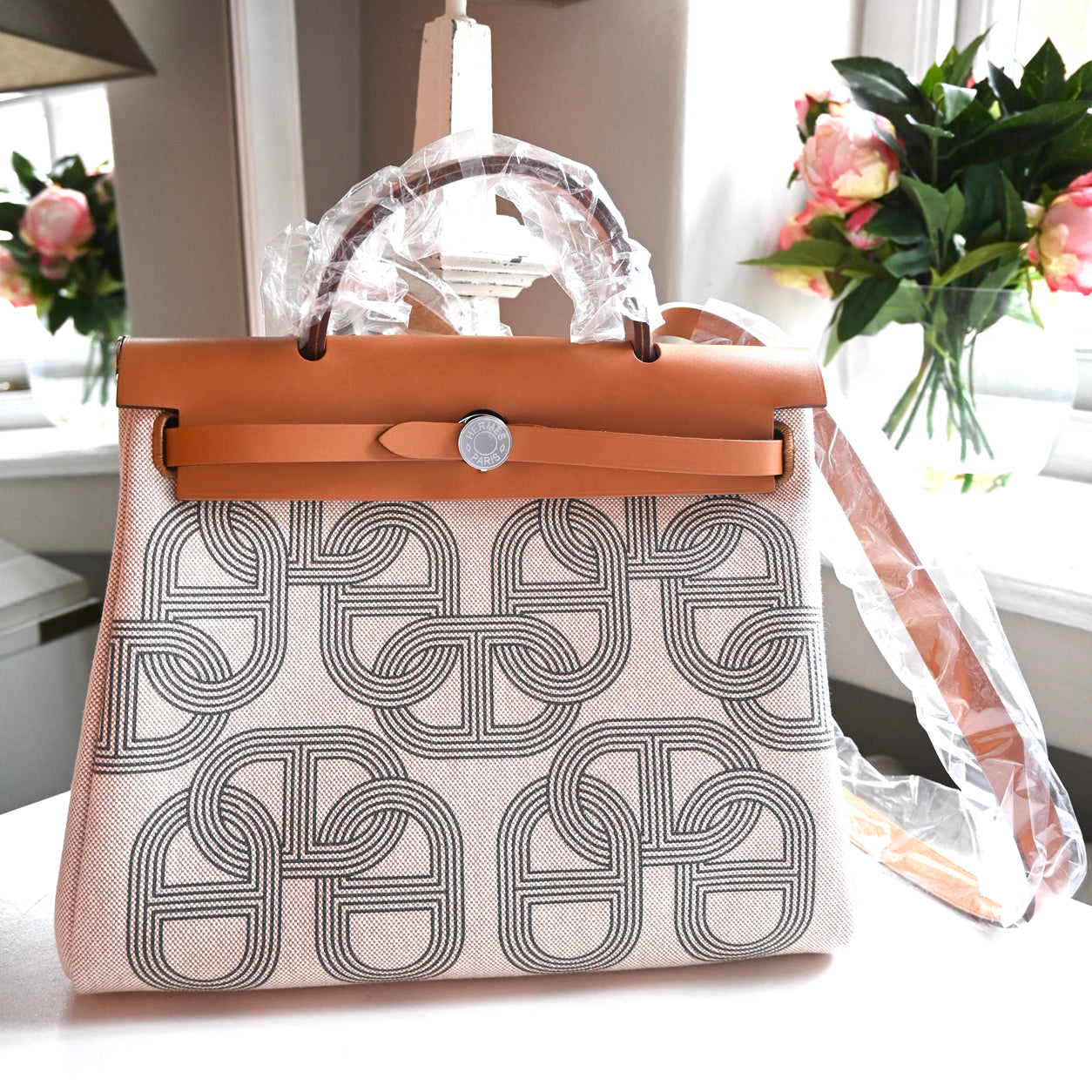 Hermès Herbag 31cm Fauve/Gris Meyer Chaine d'Ancre Hunter Toile PHW