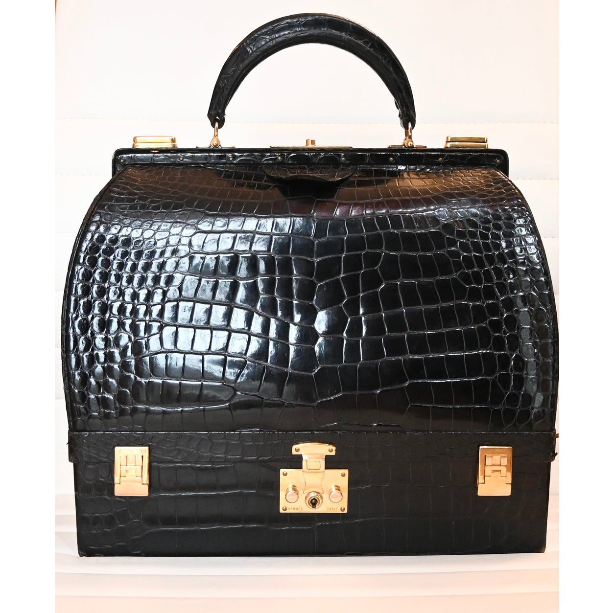 Hermes Sac Mallette 32cm Black Shiny Croc GHW - Vintage
