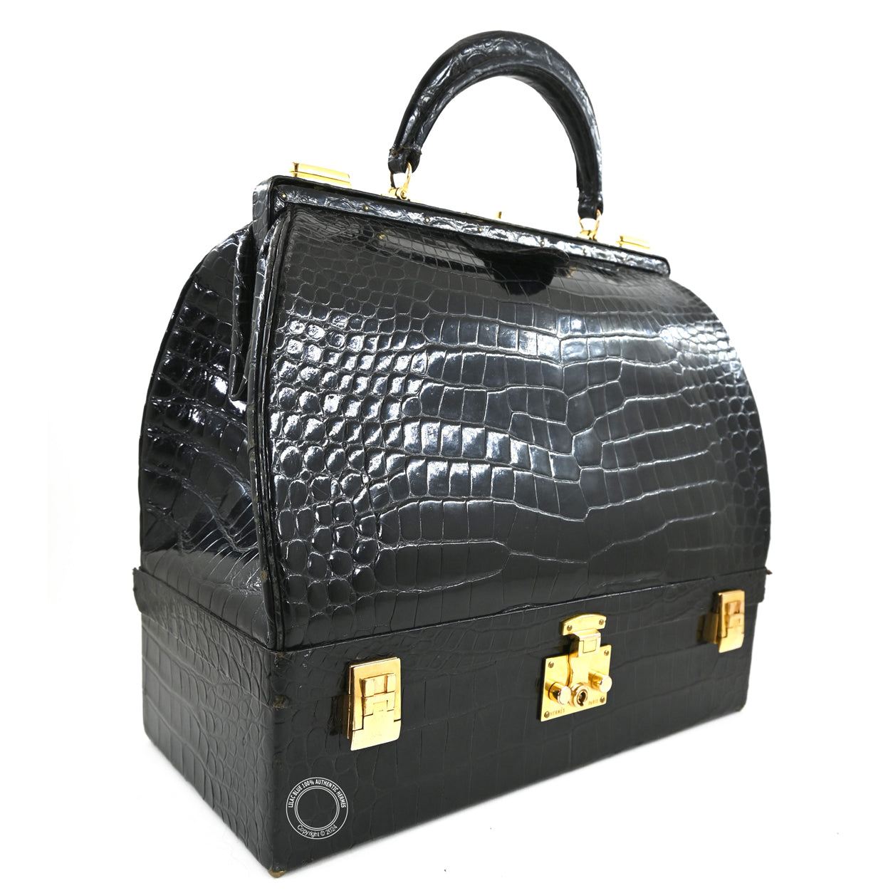 Hermes Sac Mallette 32cm Black Shiny Croc GHW - Vintage