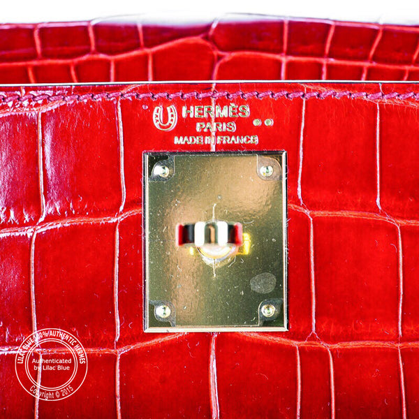 Hermès Kelly 32cm Bordeaux/Sanguine Shiny Croc GHW