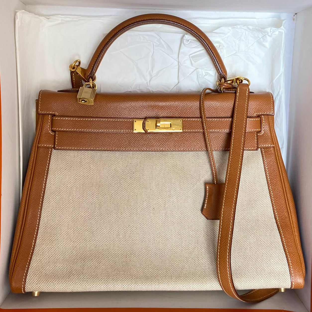 Hermès Kelly 32cm Gold Courchevel/Canvas GHW - Vintage