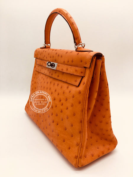 Hermès Kelly 32cm Tangerine Ostrich PHW - Preloved