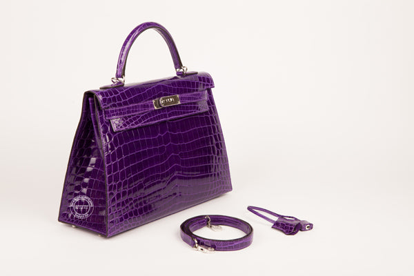 Hermès Kelly 32cm Ultra Violet Shiny Croc GHW