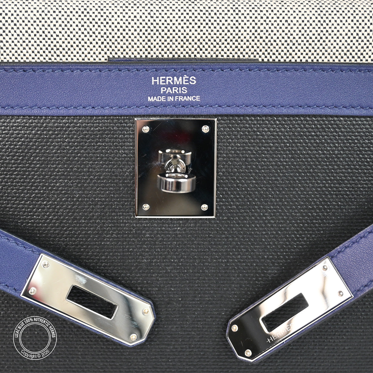 Hermès Kelly 32 Bleu Saphir/Black Swift/Toile Berline PHW