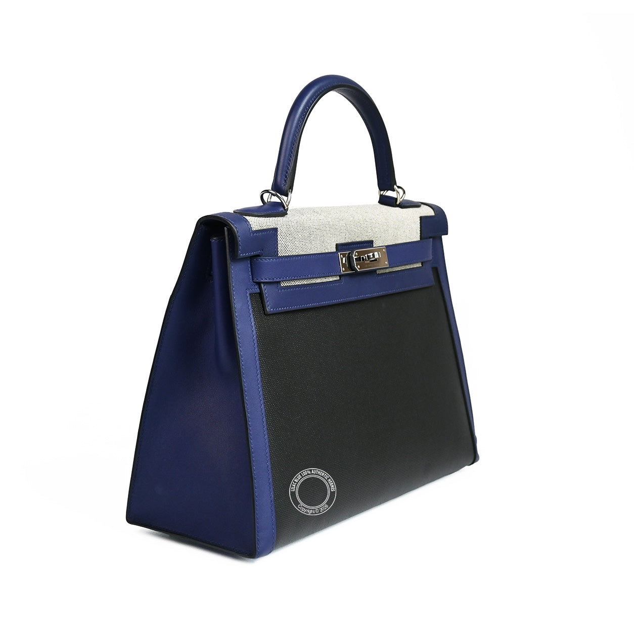 Hermès Kelly 32 Bleu Saphir/Black Swift/Toile Berline PHW