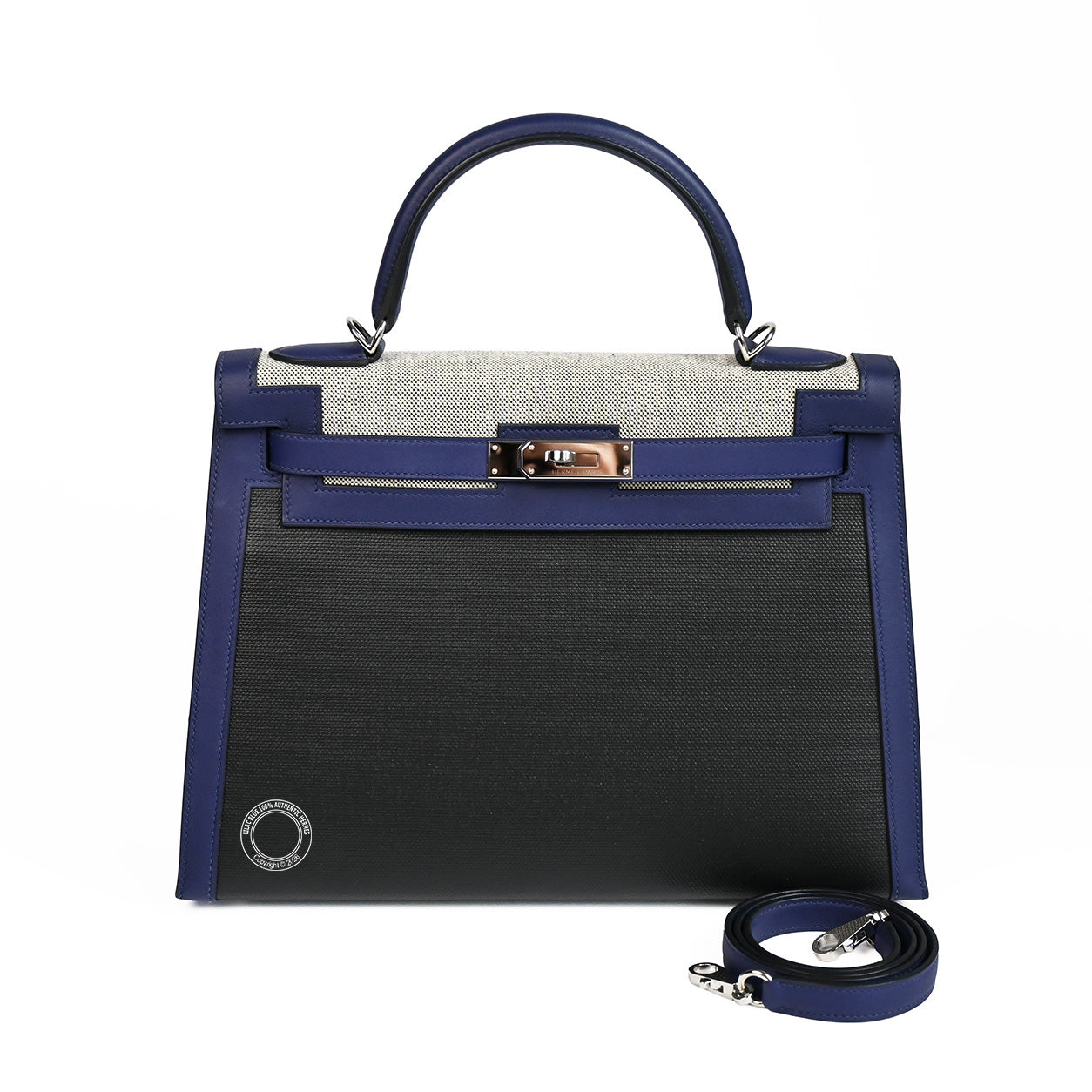 Hermès Kelly 32 Bleu Saphir/Black Swift/Toile Berline PHW