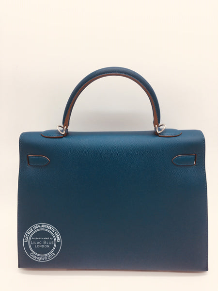 Hermès Kelly 35cm Bleu Thalassa/Blanc Flag Epsom PHW
