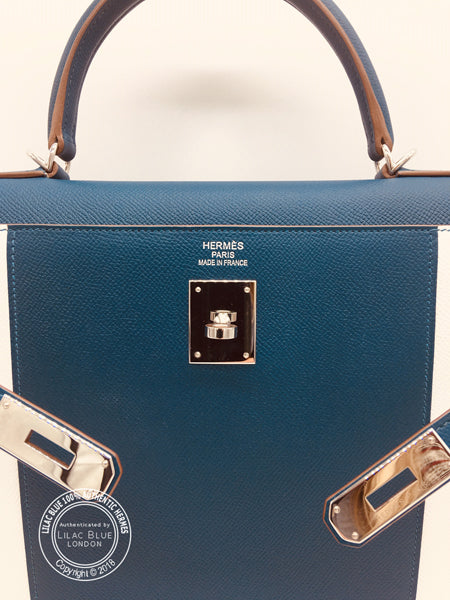 Hermès Kelly 35cm Bleu Thalassa/Blanc Flag Epsom PHW
