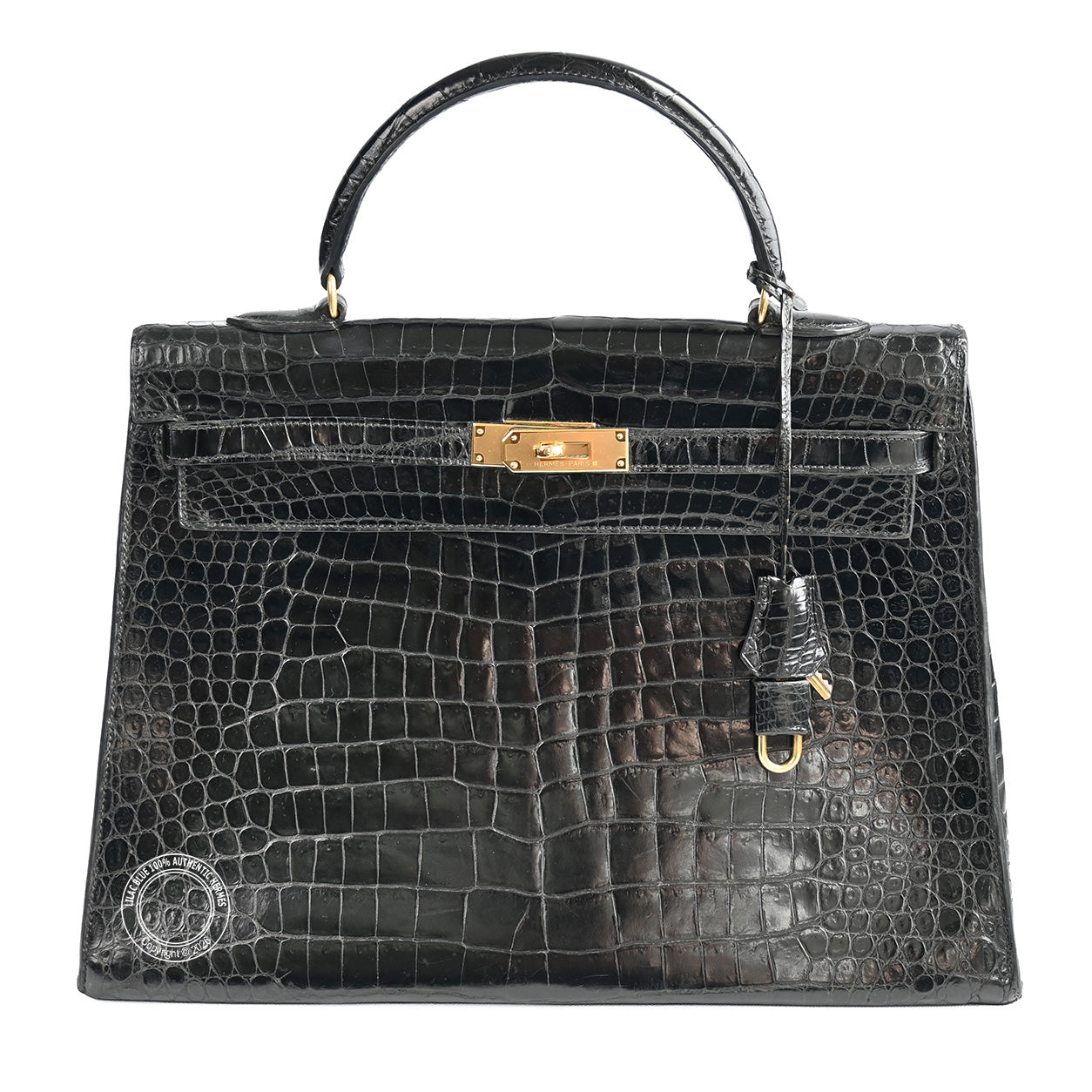 Hermès Kelly 35cm Black Shiny Croc GHW - Vintage