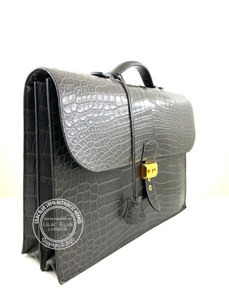 Hermès Sac a Depeche 38cm Gris de Paris Alligator GHW - Preloved