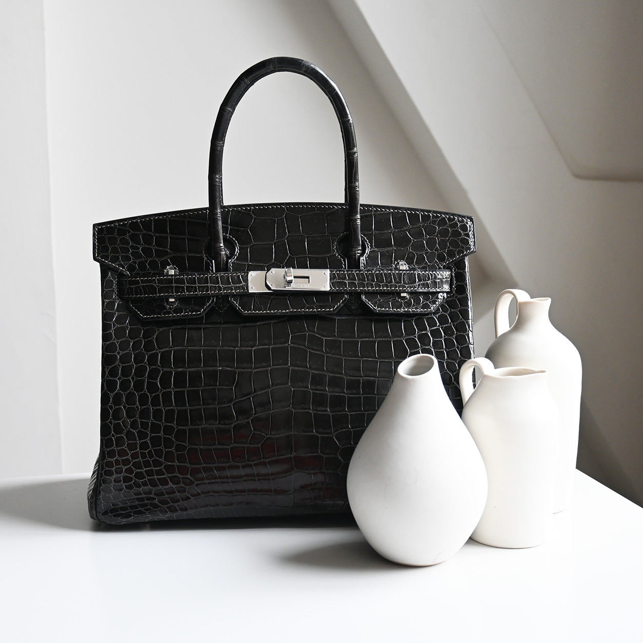 Hermès Birkin 30cm Graphite Shiny Croc PHW - Preloved