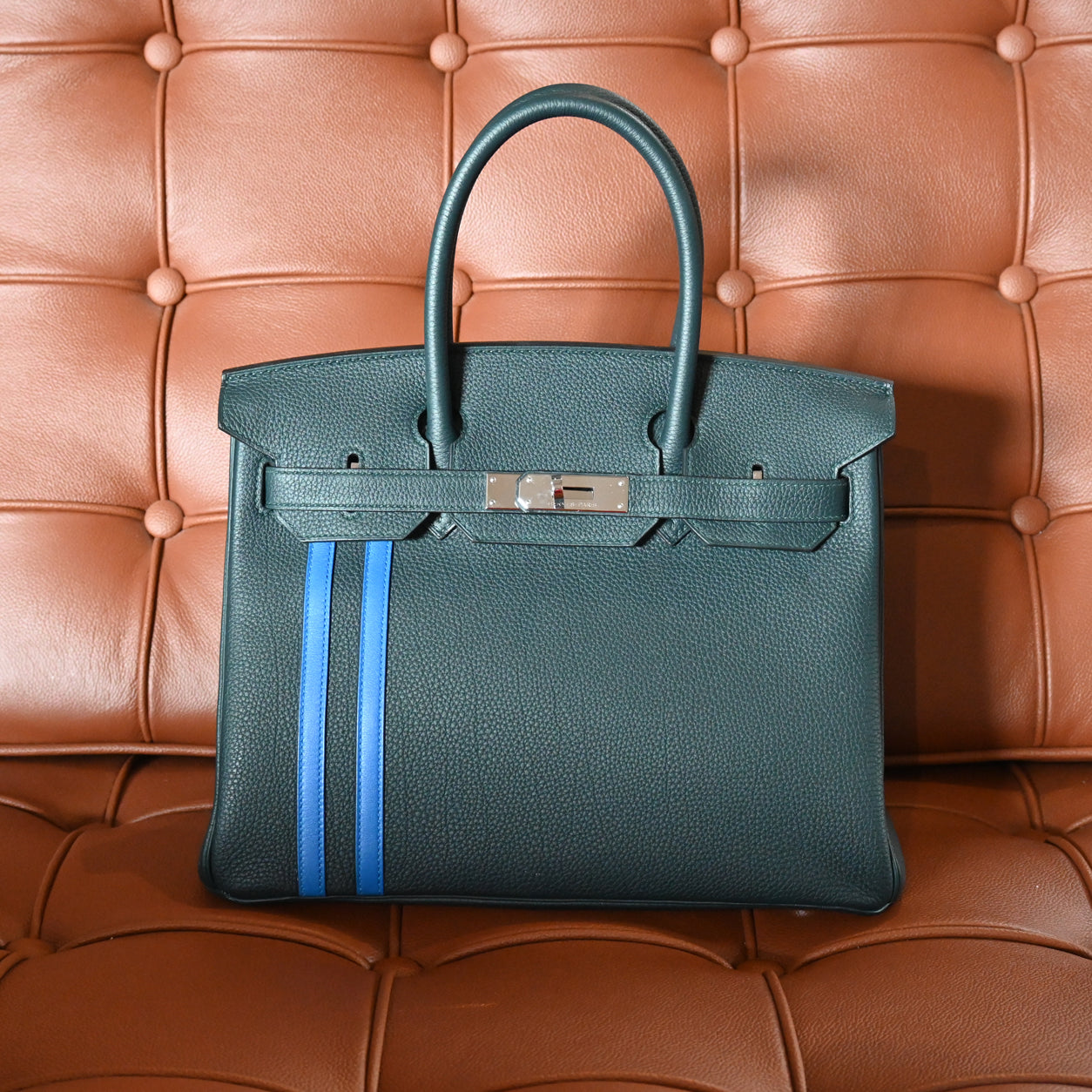 Hermès Birkin 30cm Vert Cypress/Bleu Zellige Officier Togo/Swift PHW - Preloved