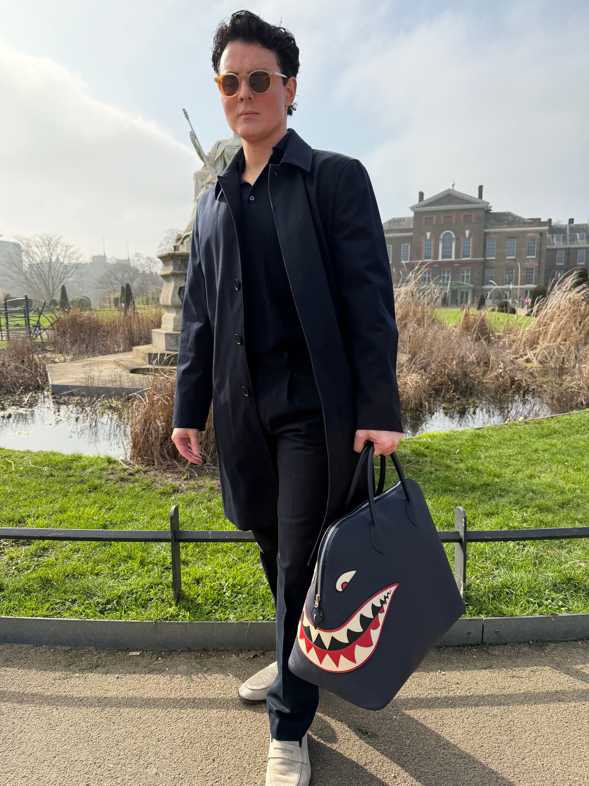 Hermès Bolide 45cm Shark Bleu Nuit Togo with palladium hardware, worn