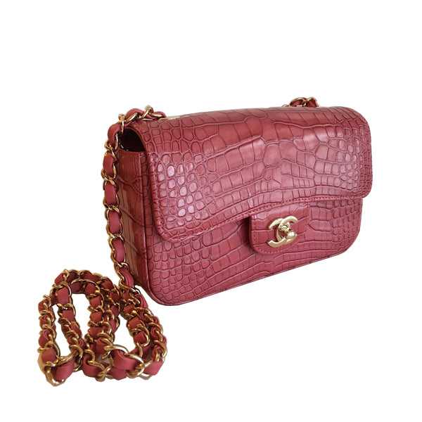 Chanel Classic Flap Bag Mini Dusky Pink Croc GHW - Brand New