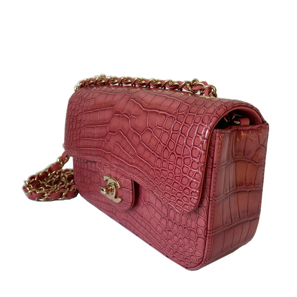 Chanel Classic Flap Bag Mini Dusky Pink Croc GHW - Brand New