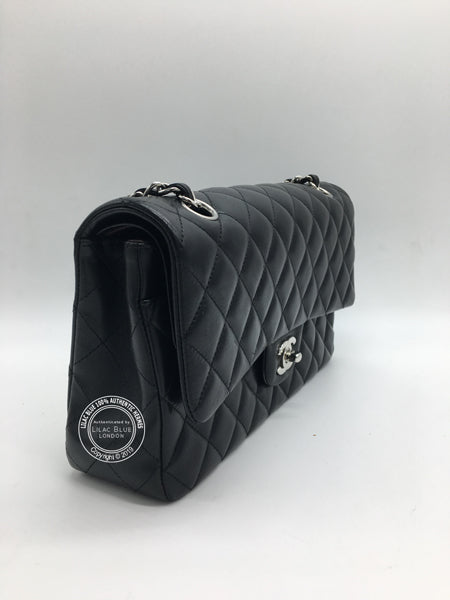 Chanel Classic Flap Bag Medium Black Lambskin Silver - Preloved