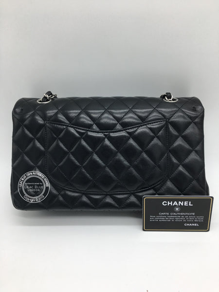 Chanel Classic Flap Bag Medium Black Lambskin Silver - Preloved