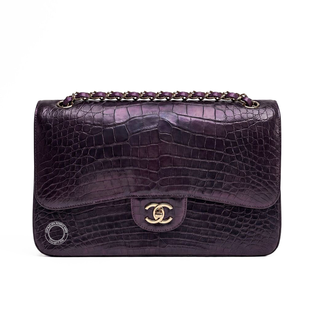 Chanel Double Flap Medium Amethyst Metallic Alligator GHW - Preloved