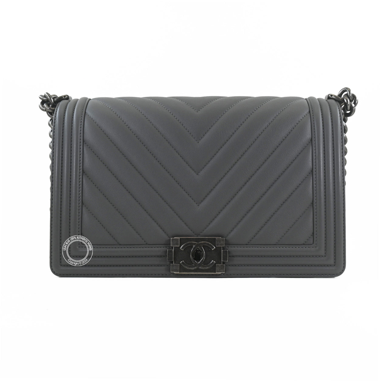 Chanel Boy Bag Grey Calfskin Ruthenium - Preloved