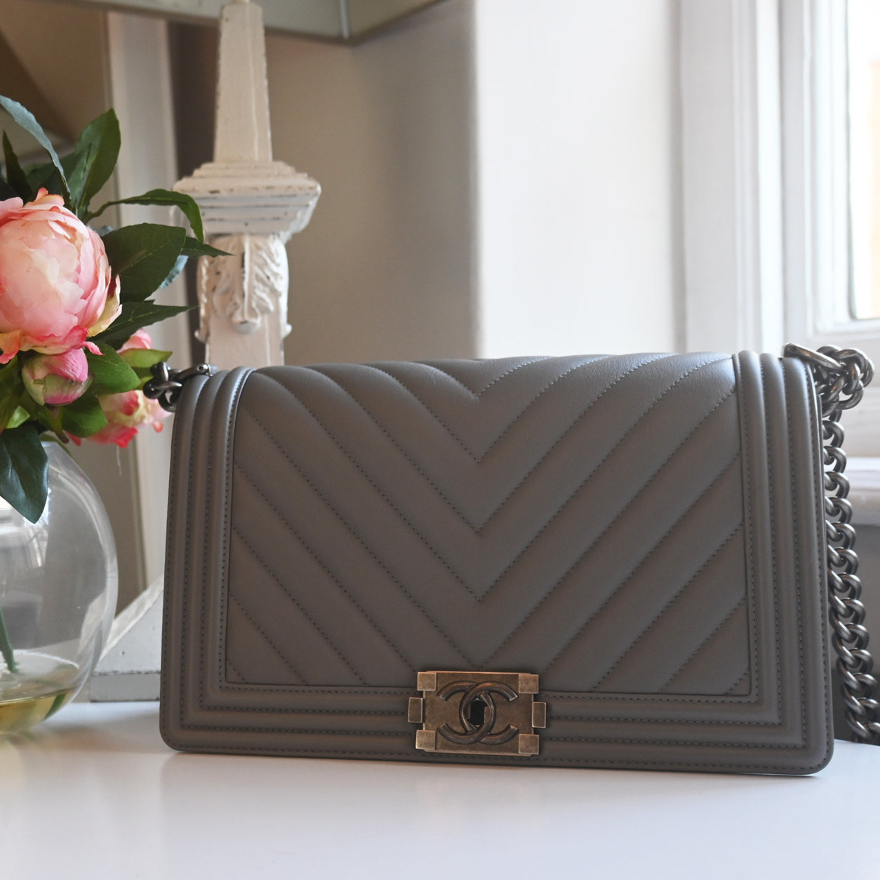 Chanel Boy Bag Grey Calfskin Ruthenium - Preloved
