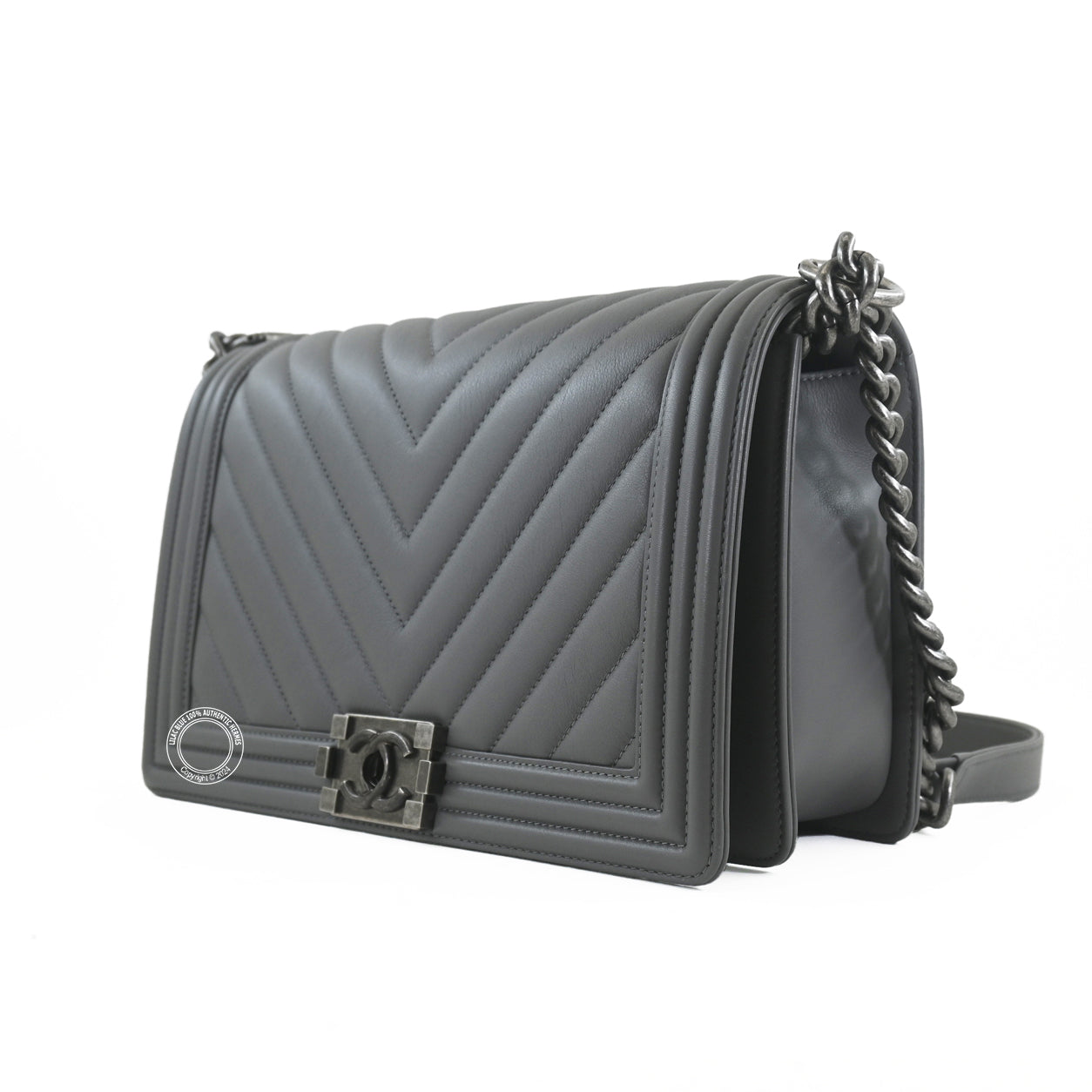 Chanel Boy Bag Grey Calfskin Ruthenium - Preloved