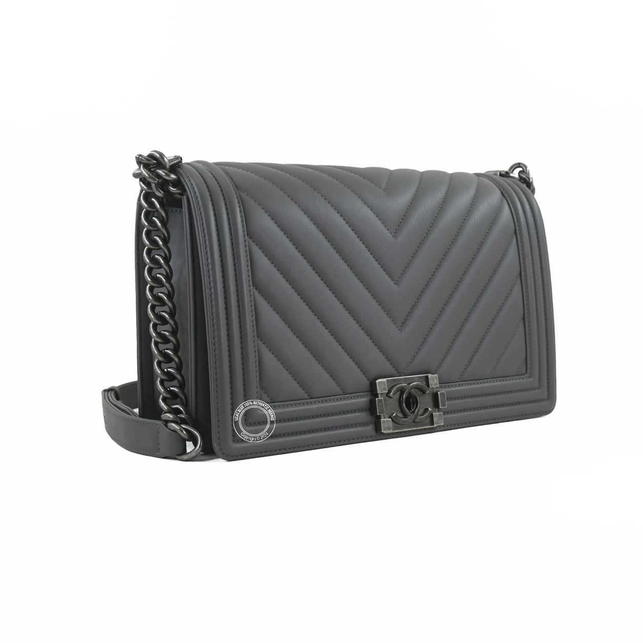 Chanel Boy Bag Grey Calfskin Ruthenium - Preloved