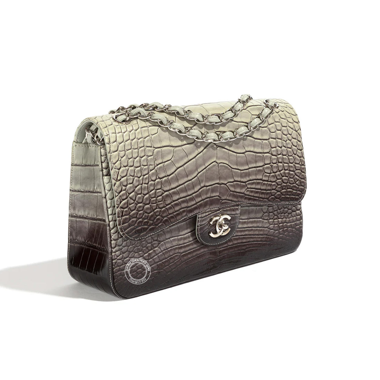 Chanel Double Flap Jumbo Grey Ombre Croc PHW - Preloved