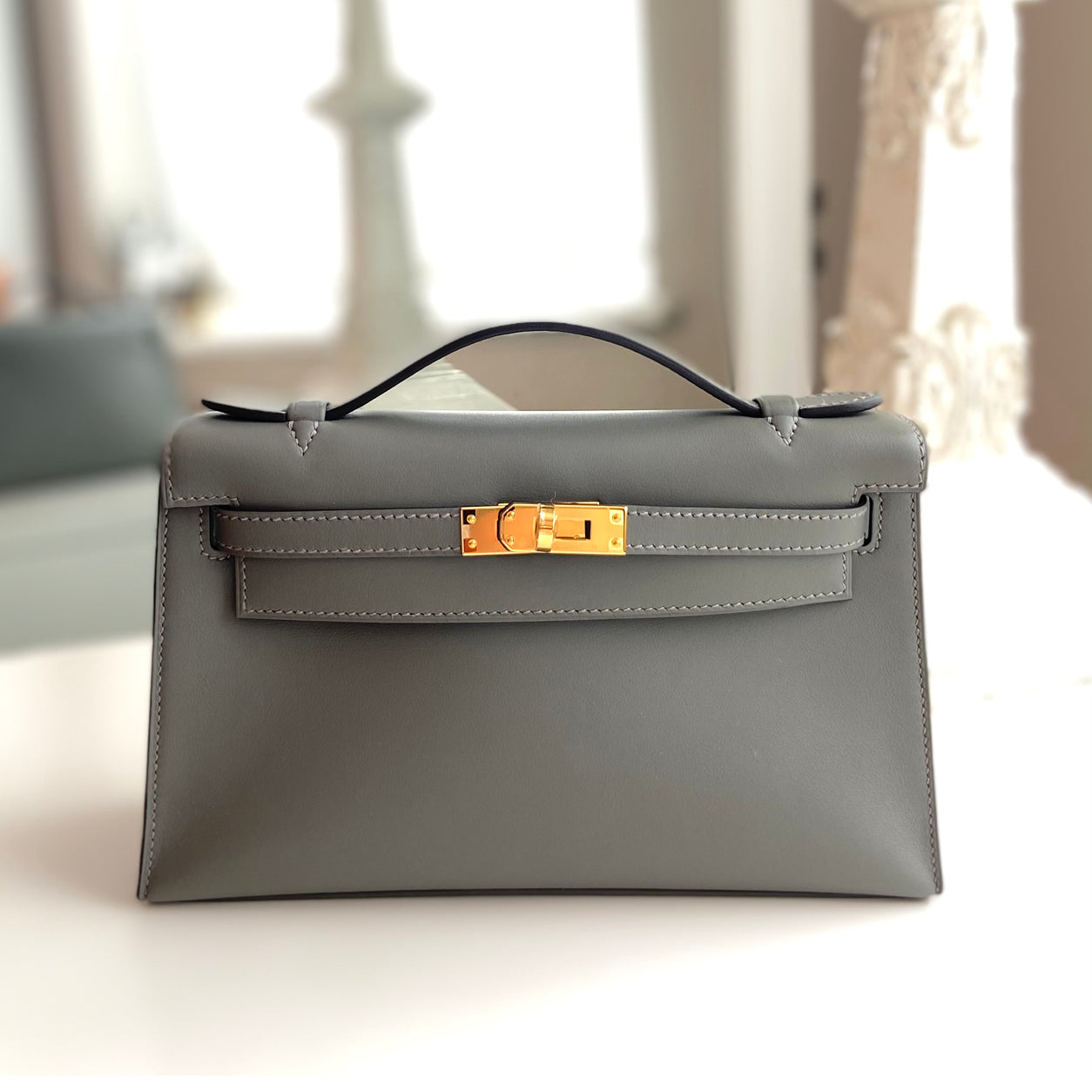 Hermès Kelly 22cm Gris Meyer Pochette Swift GHW