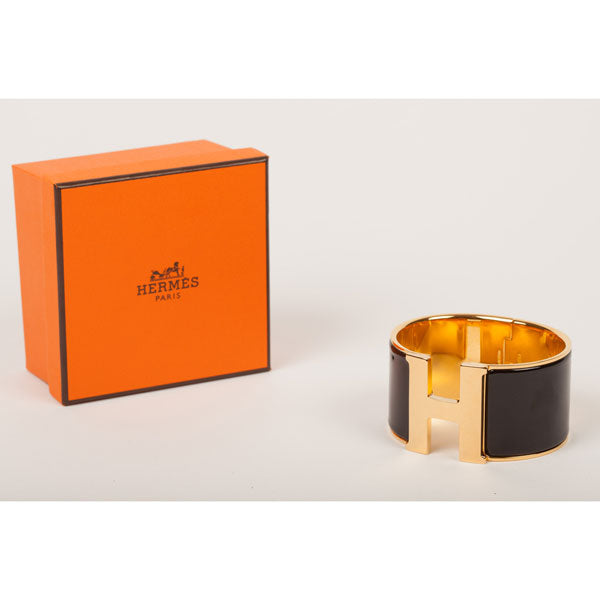 Hermès Clic Clac H Black Enamel Cuff Bracelet, Gold Hasp