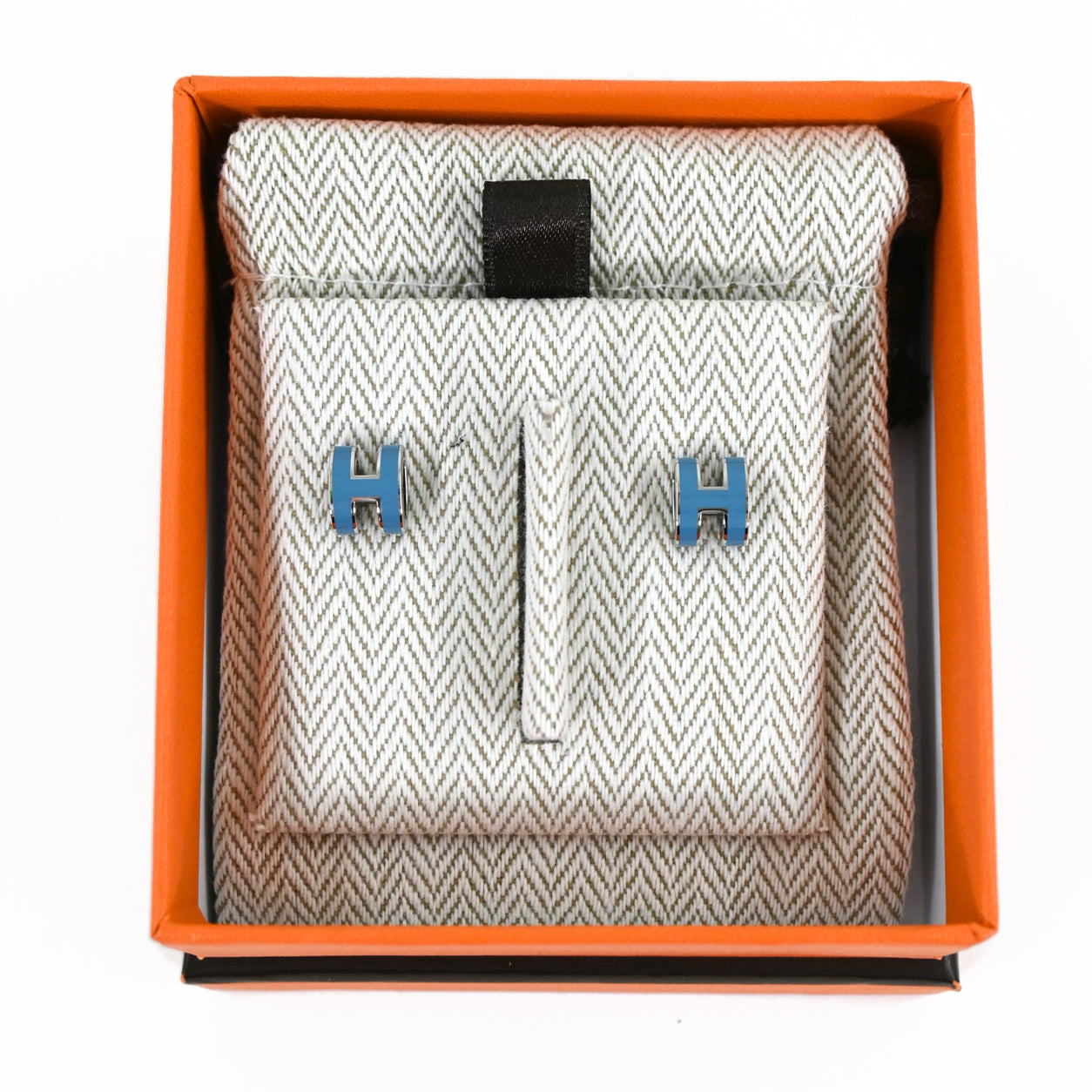 Hermes Mini Pop H Earrings. Bleu Sature/Silver