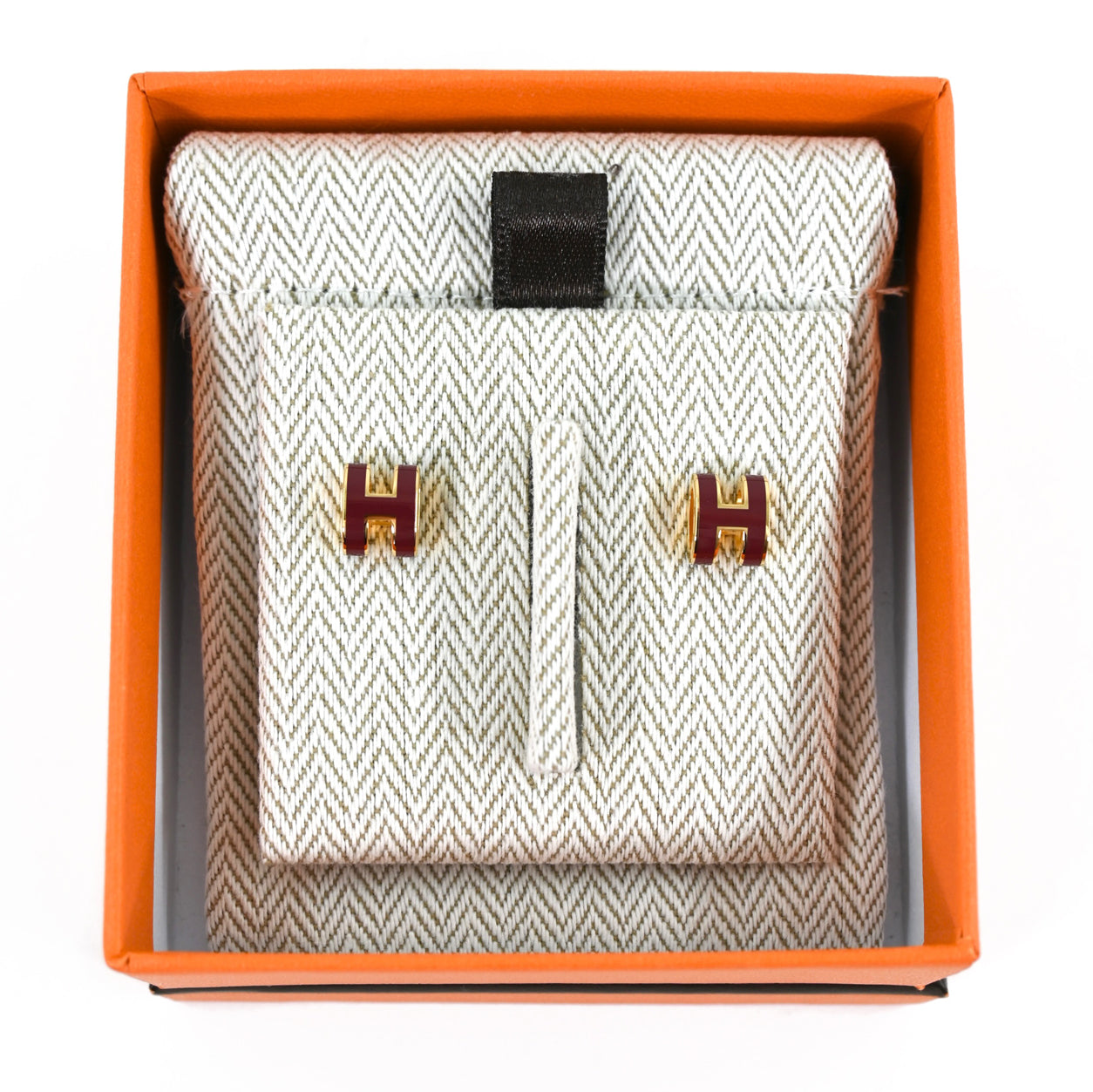 Hermes Mini Pop H Earrings. Bordeaux/Gold