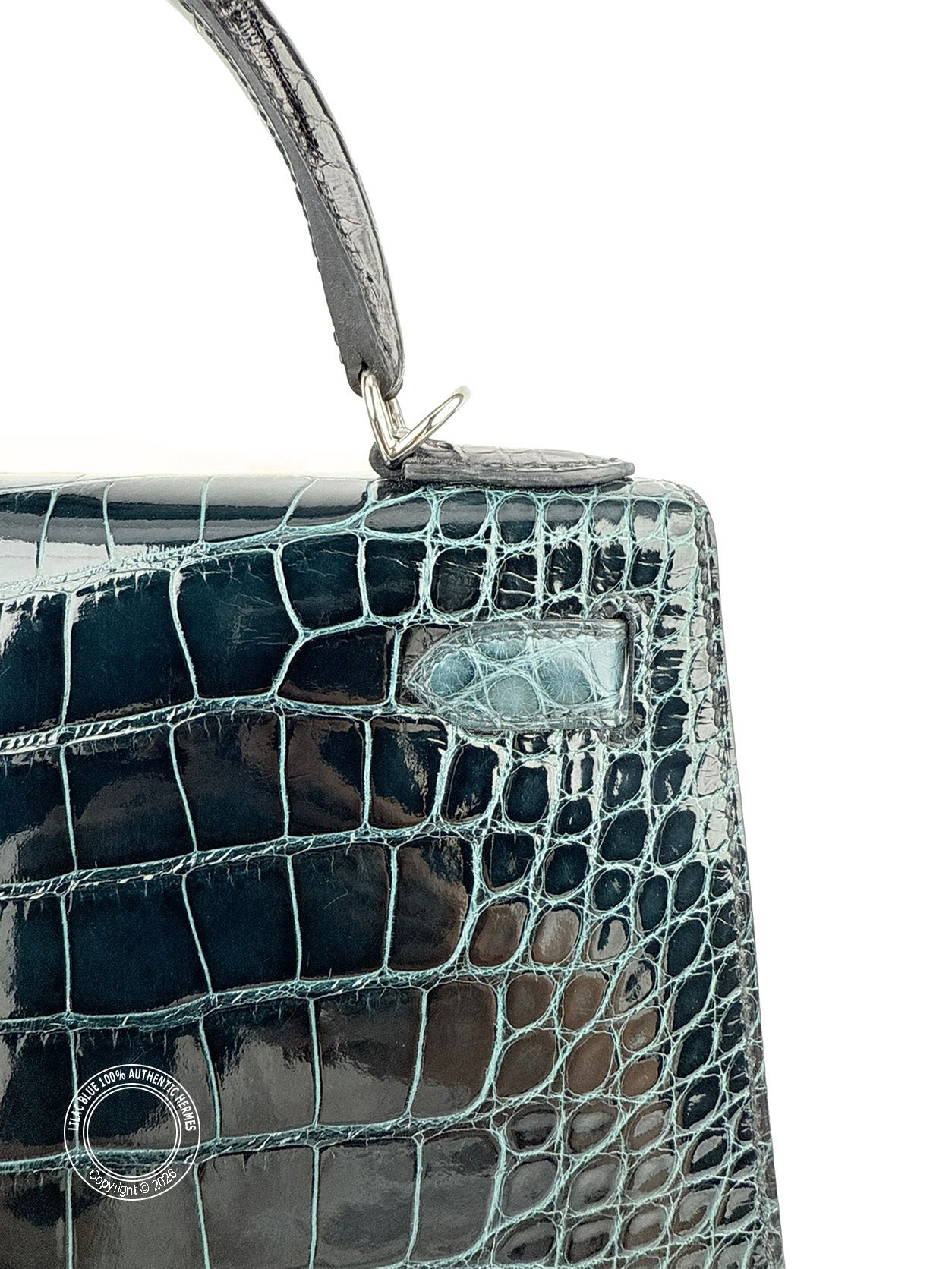 Hermès Kelly 28cm Black/Vert Bosphore/Vert Rousseau Shiny & Matte Croc PHW