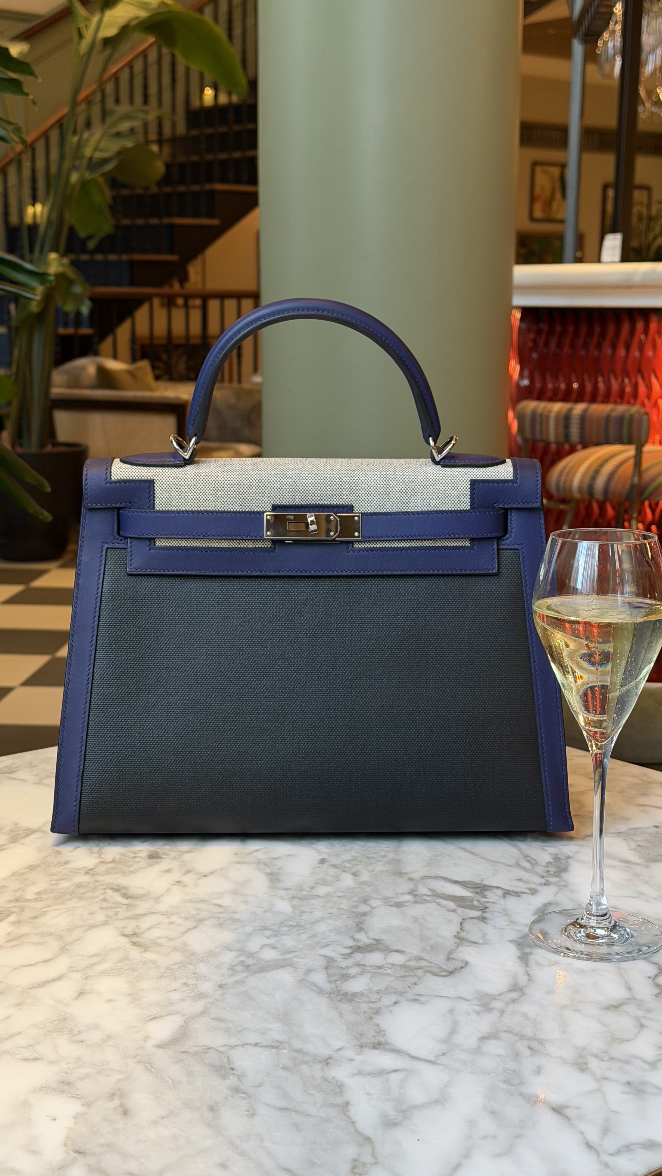 Hermès Kelly 32cm Bleu Saphir/Black Swift/Toile Berline PHW