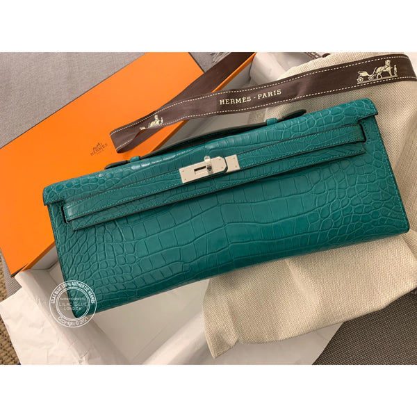 Hermès Kelly 31cm Malachite Cut Pochette Matte Croc PHW