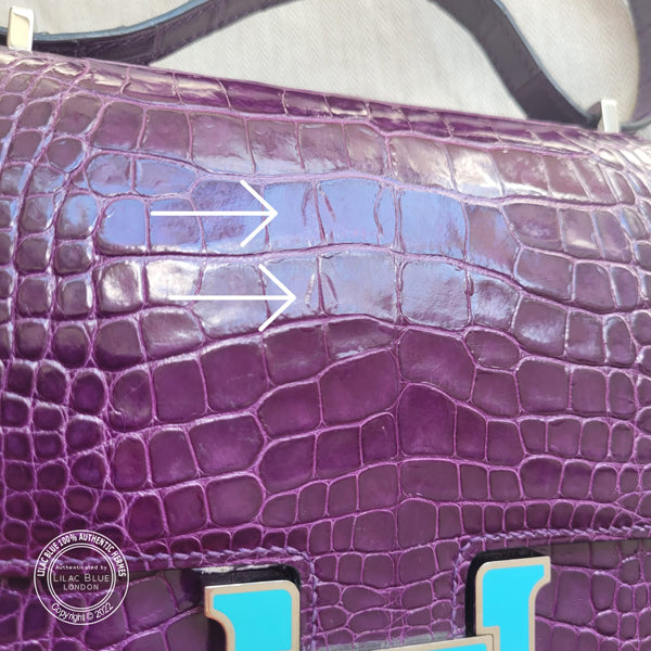 Hermes Constance 18cm Amethyst Shiny Croc PHW/Enamel - Preloved
