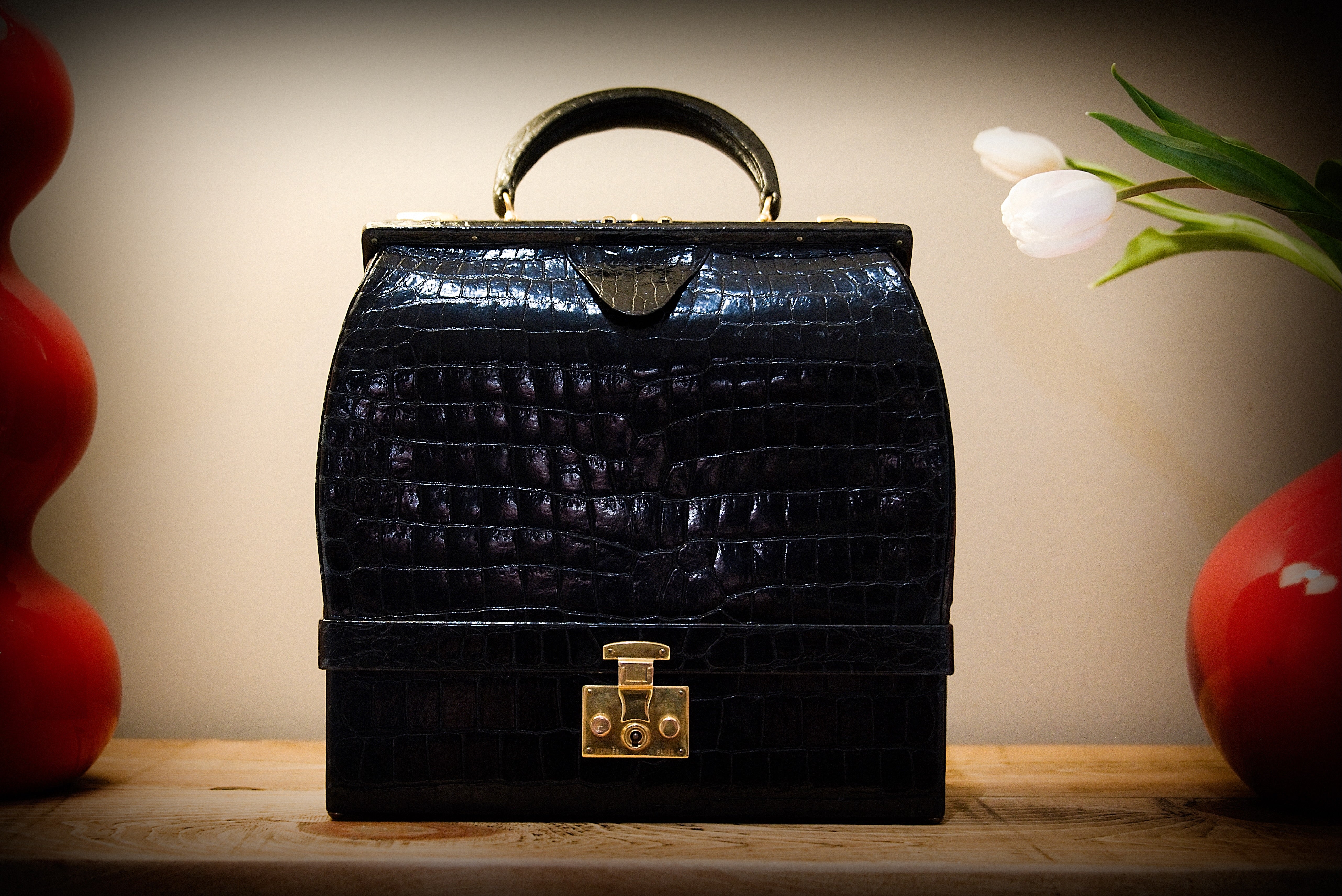 Hermès Sac Mallette 27cm Black Shiny Croc GHW - Vintage