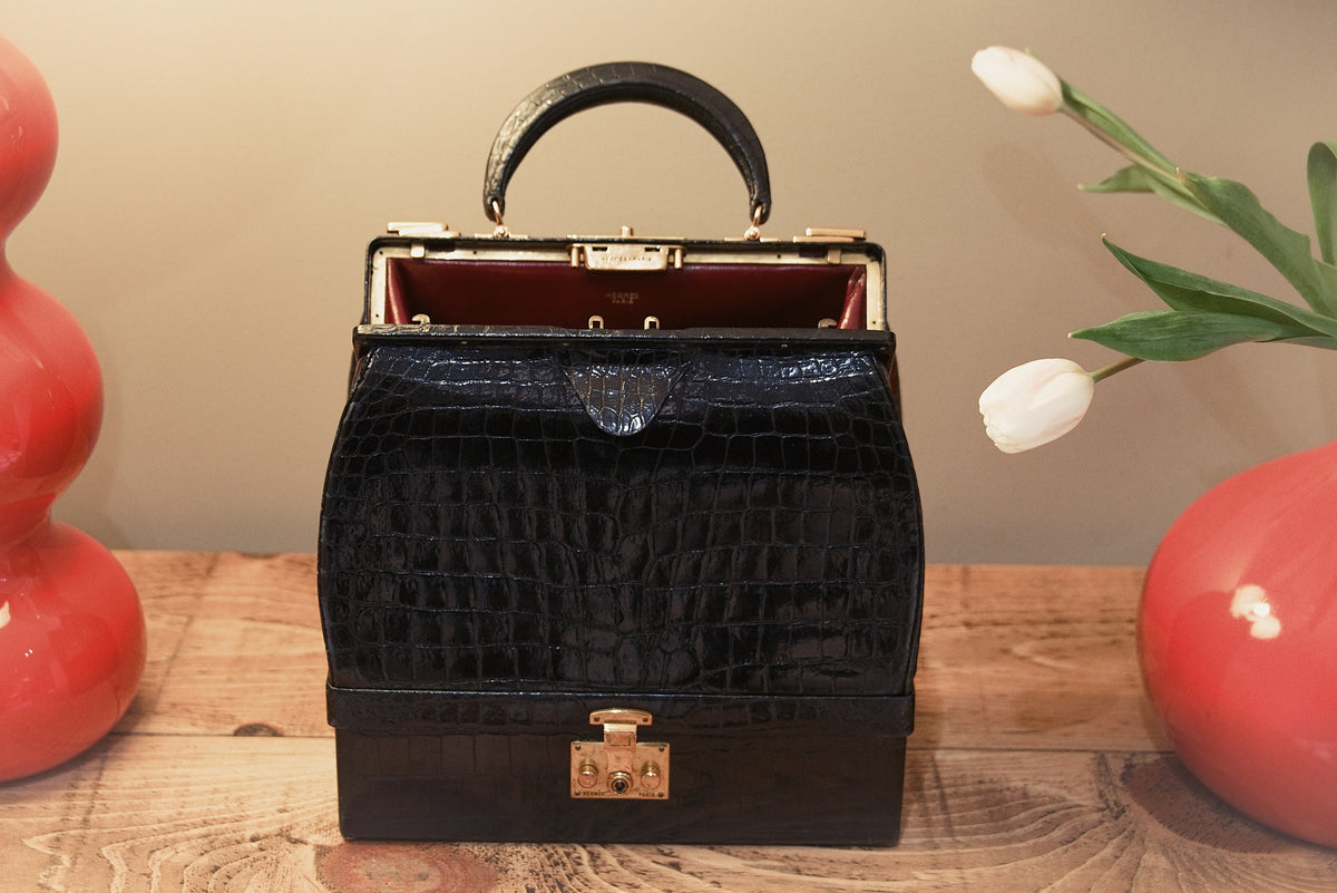 Hermès Sac Mallette 27cm Black Shiny Croc GHW - Vintage