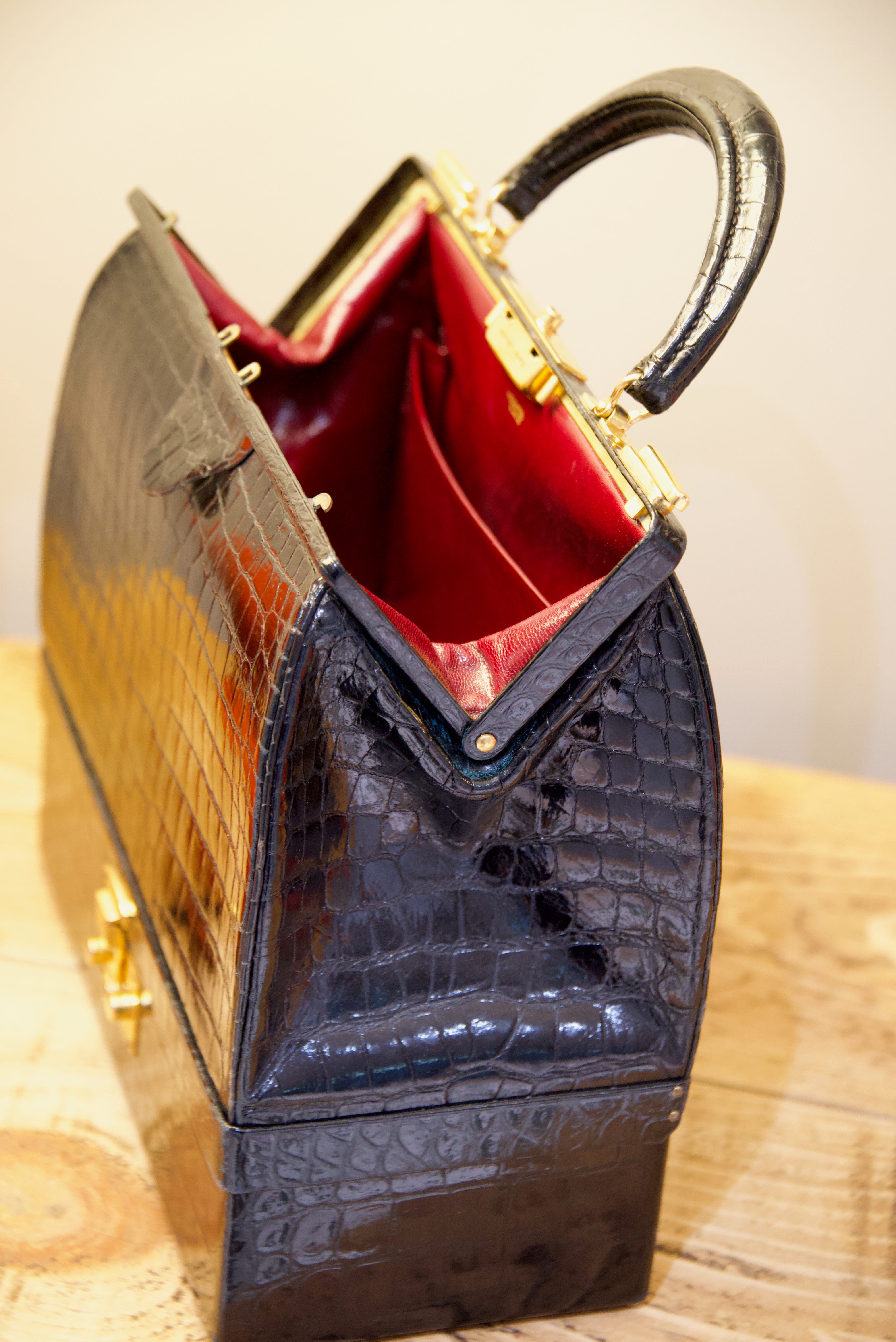 Hermès Sac Mallette 27cm Black Shiny Croc GHW - Vintage